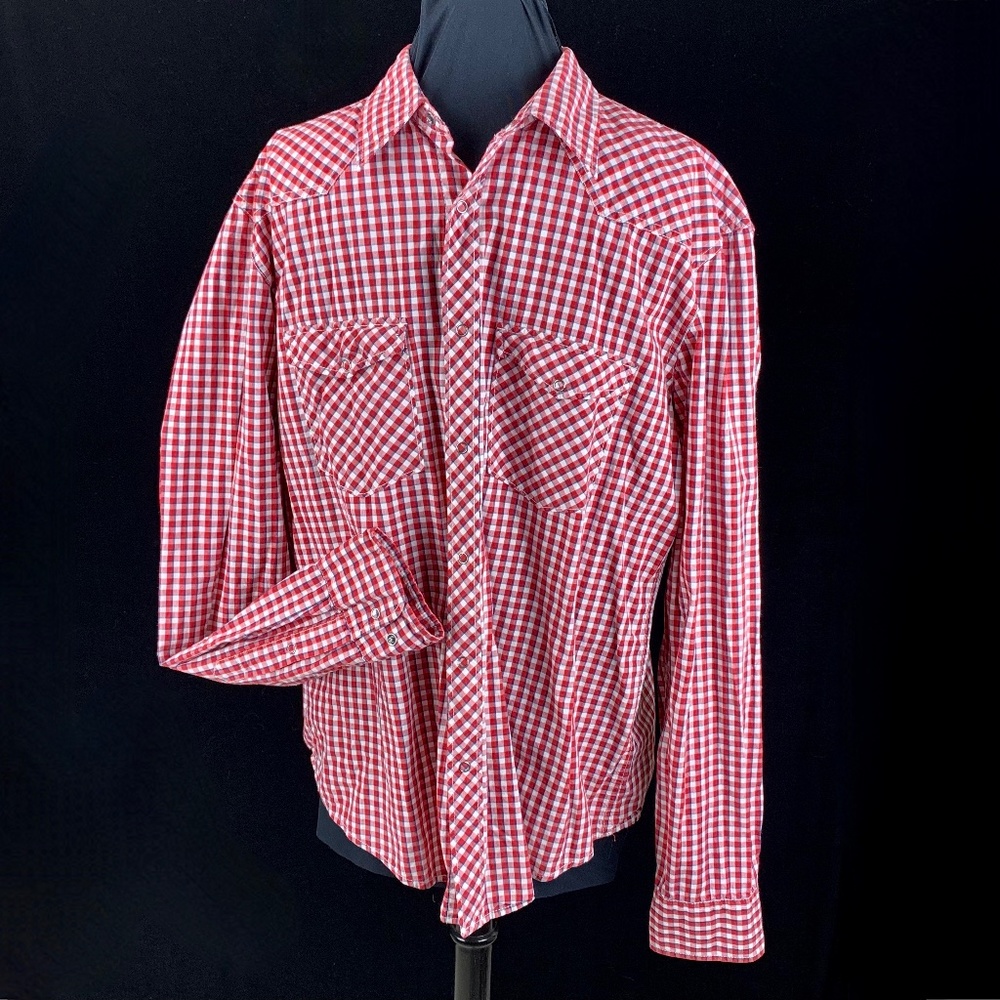 H&M LOGG Mens XL Cowboy Shirt Fitted Red Black Check Snaps Yoke Long Sleeves